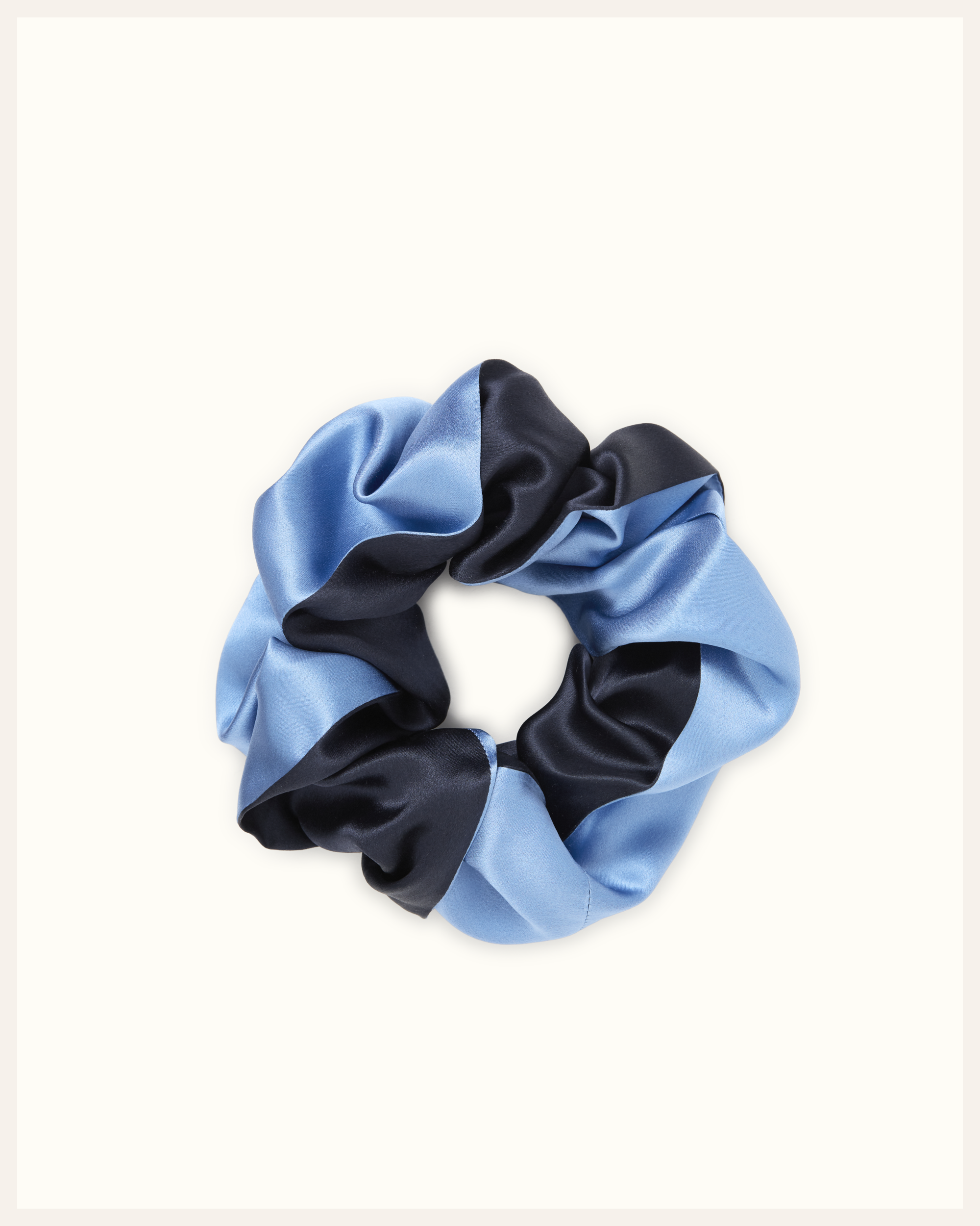 The Beauty Sleeper 100% Mulberry silk scrunchie large in Deep Sea and Blue Sky — reduces friction and protects hair overnight