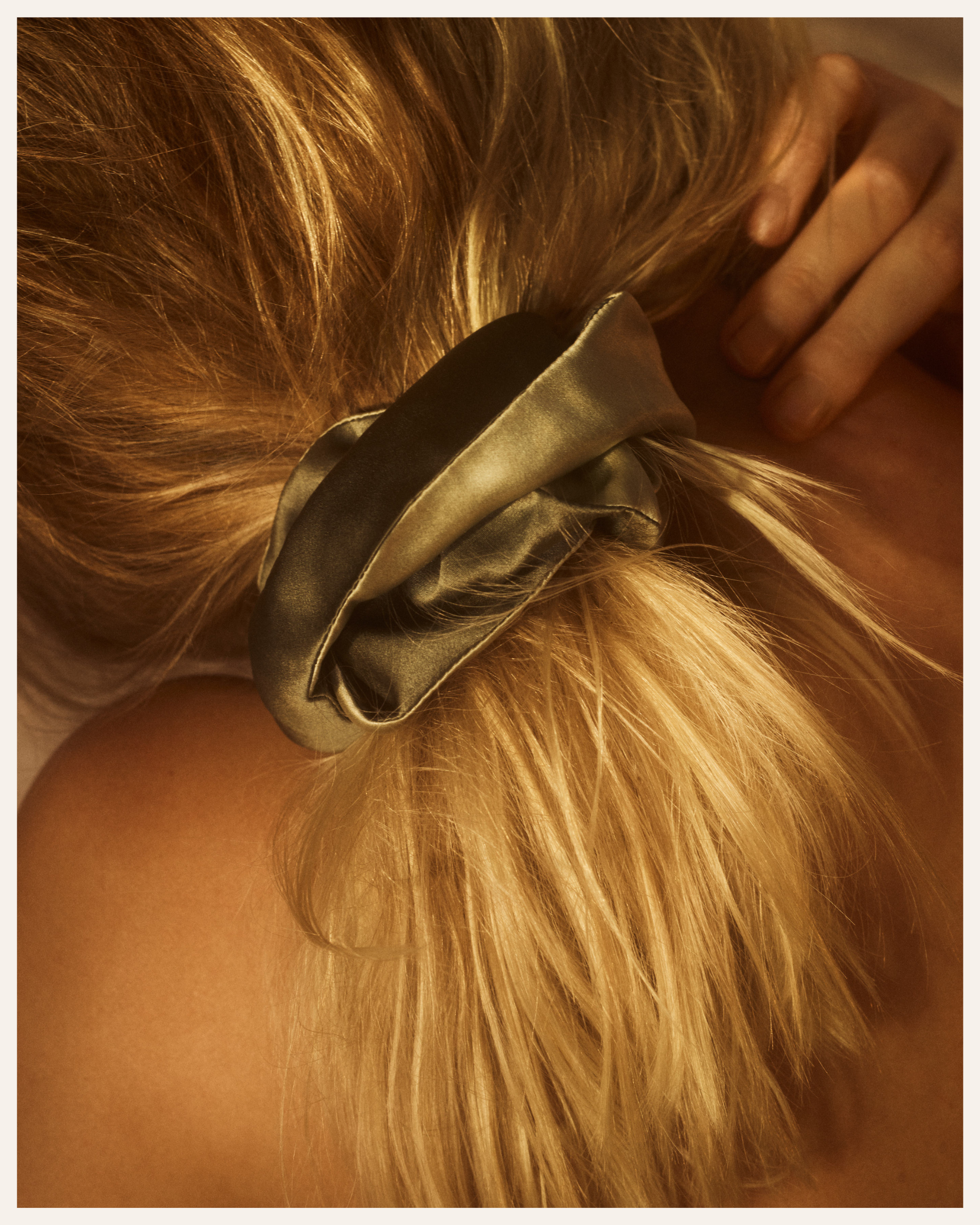 The Beauty Sleeper 100% Mulberry silk scrunchie large in Dusty Green and Spring Green — reduces friction and protects hair overnight