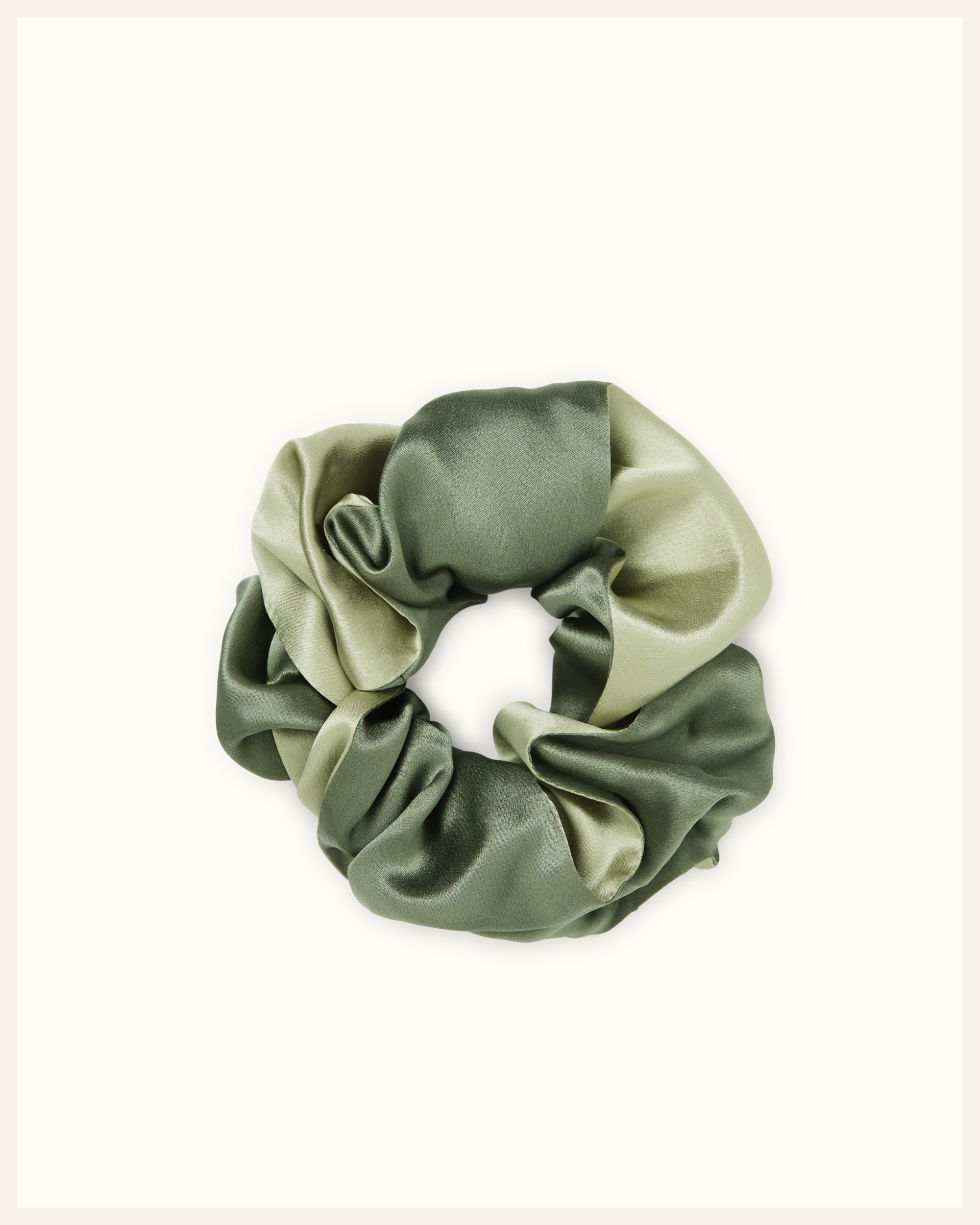 The Beauty Sleeper Spring Green silk scrunchie large detail — made from sleep mask offcuts, zero waste
