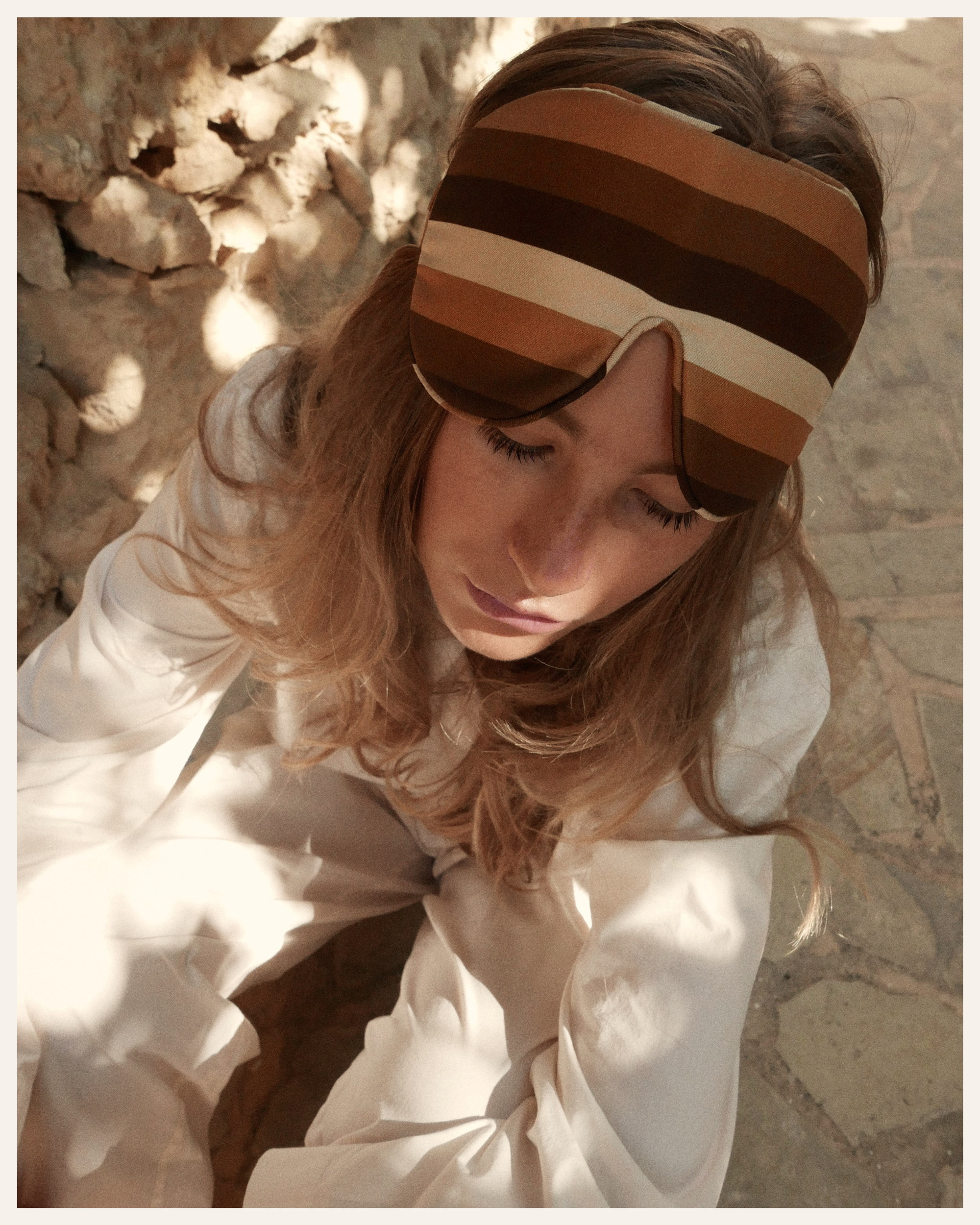 The Beauty Sleeper silk sleep mask Lepus Camel Brown Stripes — Holly Golightly collaboration, 100% Mulberry silk