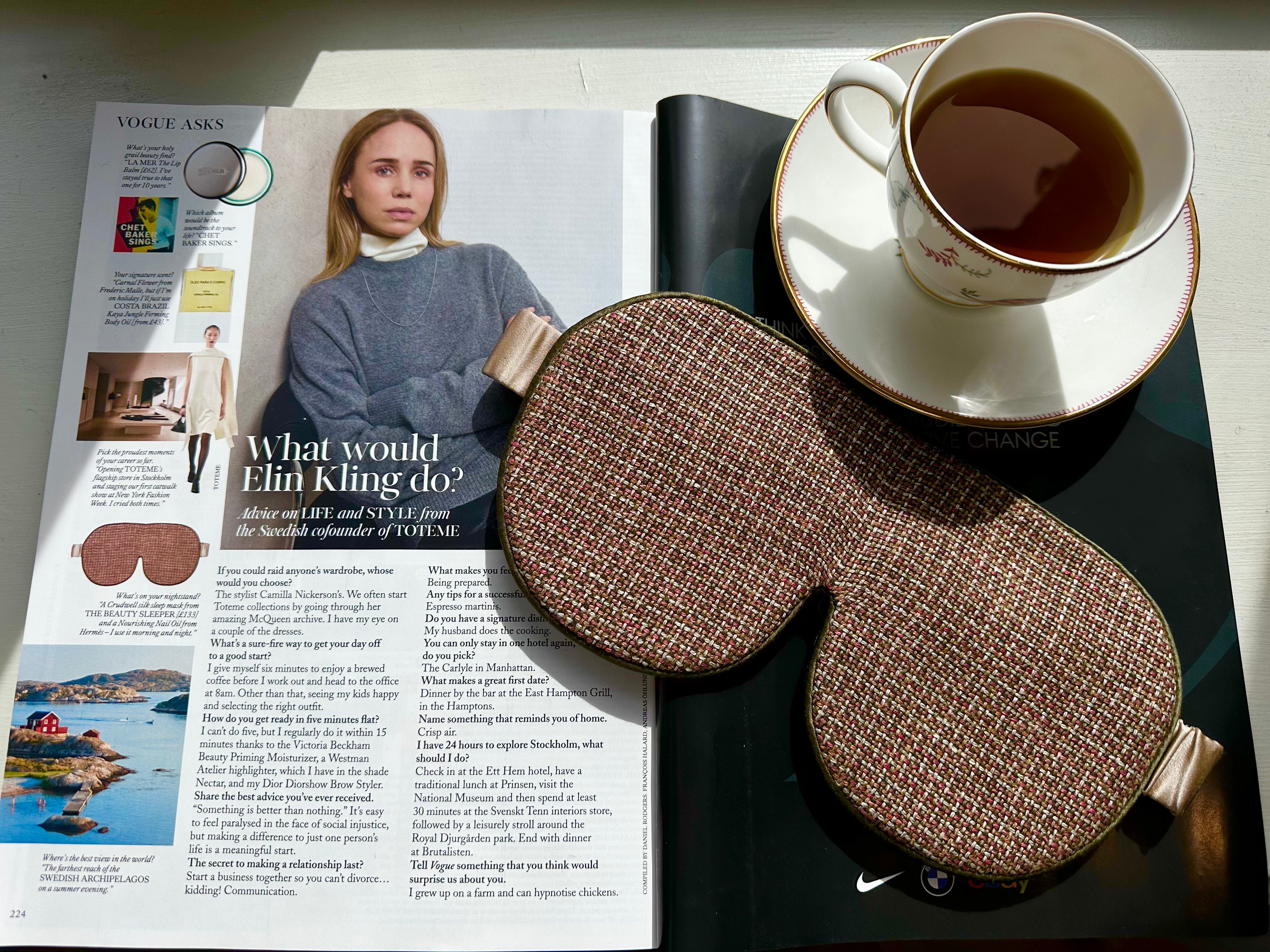 The Beauty Sleeper Crudwell sleep mask featured in British Vogue as part of Elin Kling’s bedside essentials.